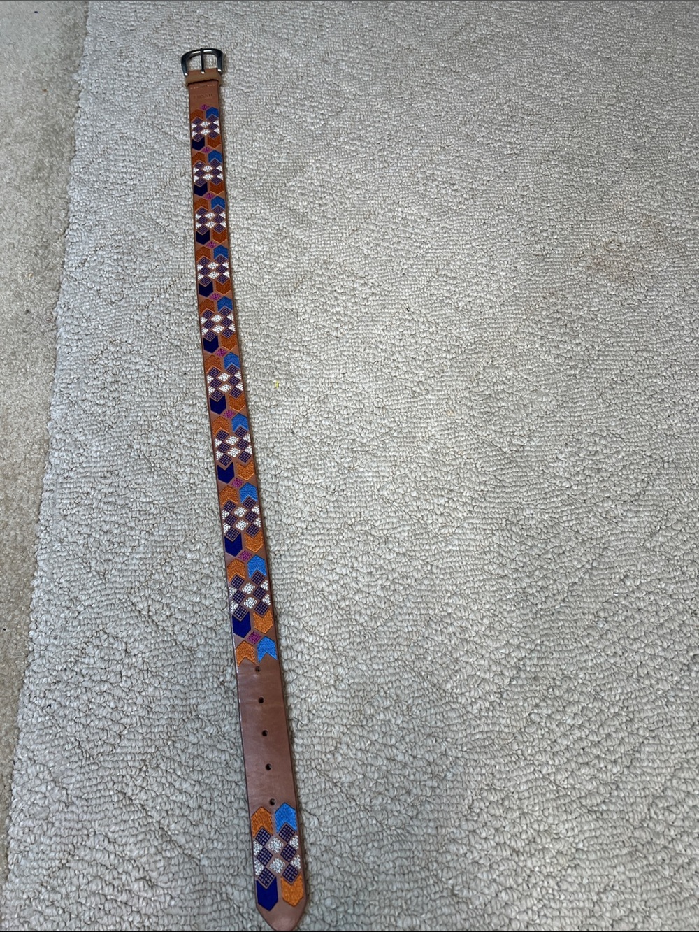 Fossil Brown Genuine Leather Embroidered Geometric Boho Belt 37”